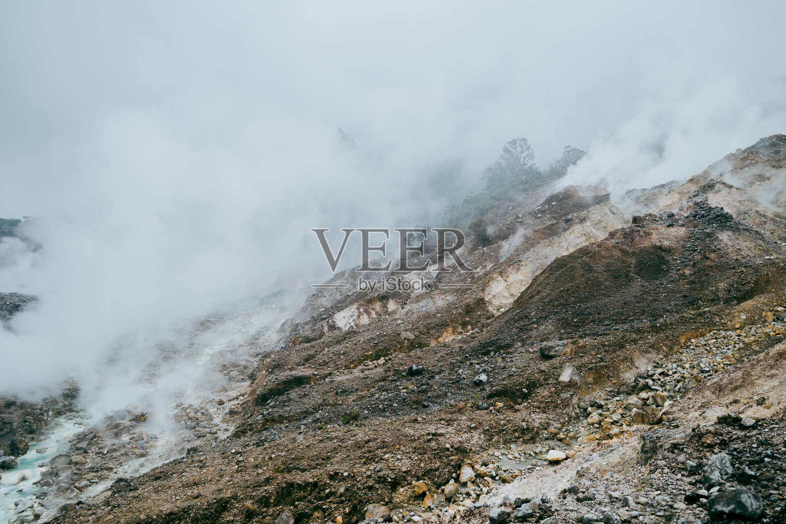 惊险的火山景观，凶猛的温泉，喷发的喷气孔，活火山火山口的蒸汽活动。风景山。照片摄影图片