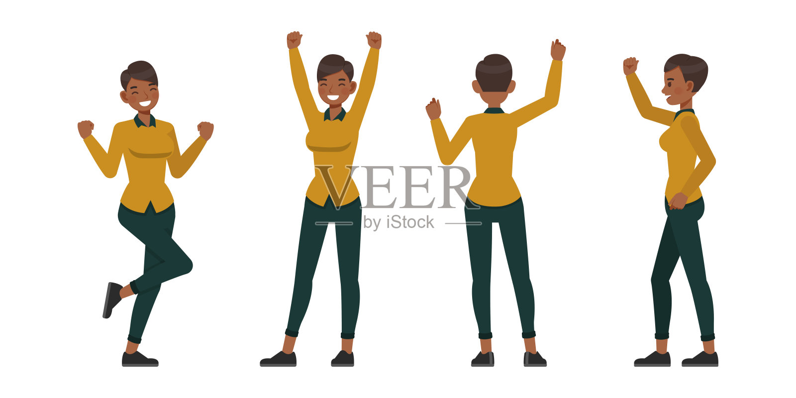 一套职业妇女穿黄色衬衫的颜色特征向量设计。呈现在各种动作中。在孤立的白色背景上从事办公室规划、思考和经济分析的女商人。插画图片素材