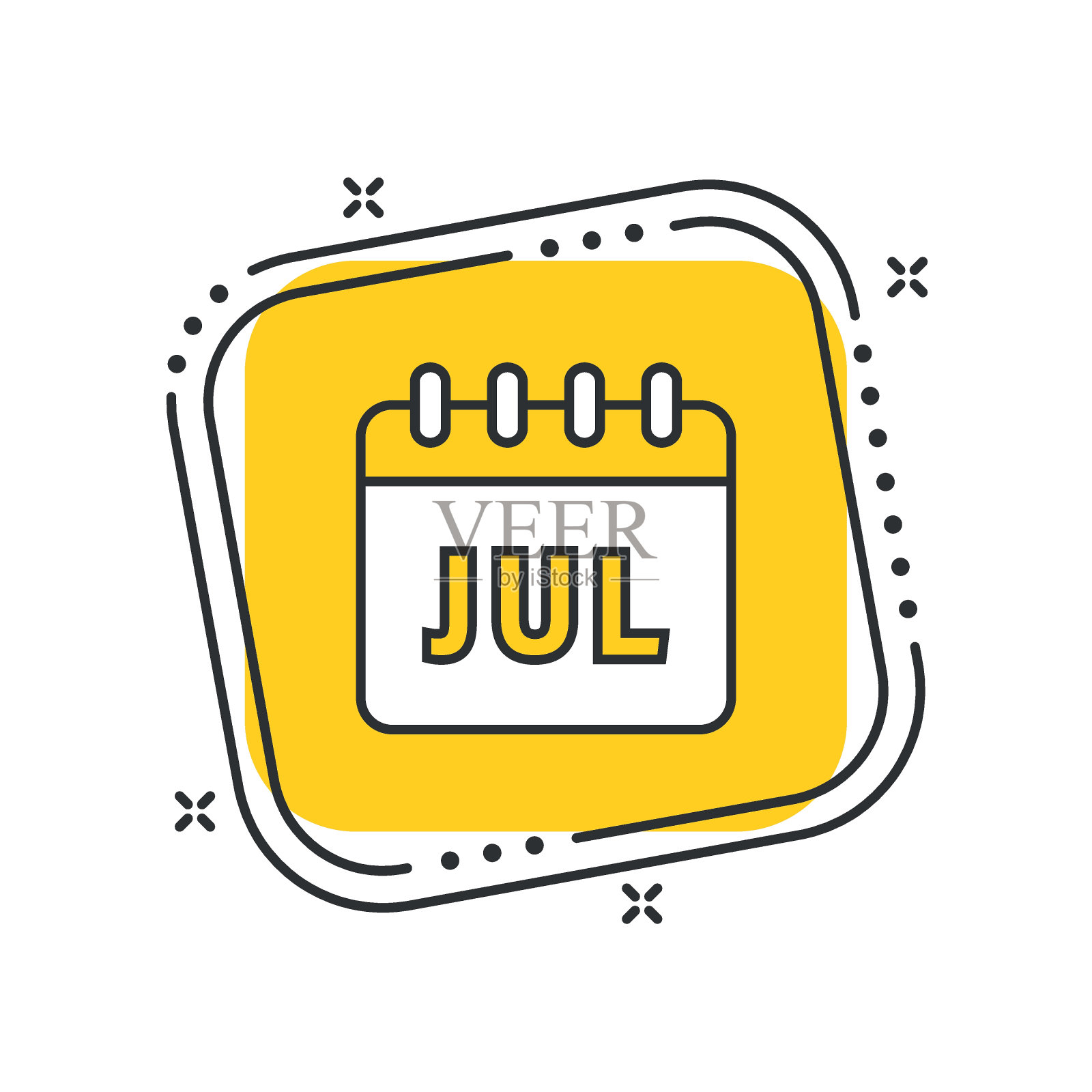 卡通月历图标矢量插图。七月在孤立的黄色方形背景上。日历叶符号概念。插画图片素材