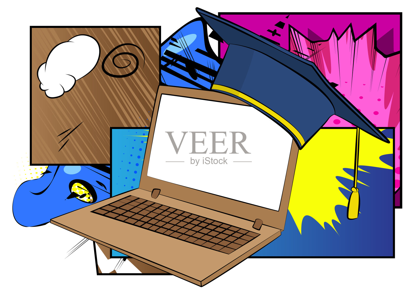 卡通笔记本电脑，漫画书笔记本与毕业帽。复古矢量漫画波普艺术设计。插画图片素材