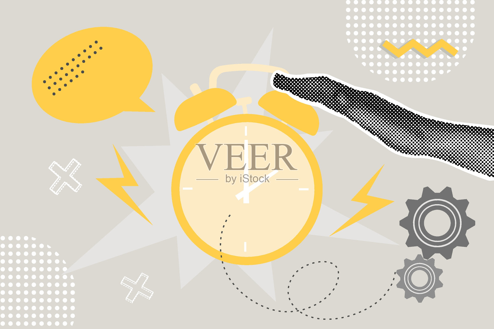 半音拼贴。一只手让闹钟停止响铃。时间，时间，快点。矢量业务概念图形和网页设计，业务演示，营销和印刷材料，社交媒体。插画图片素材