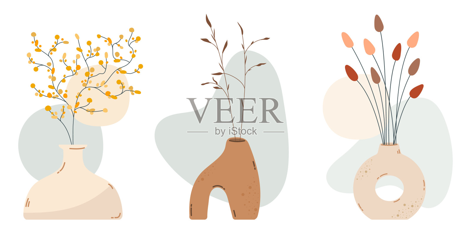 干花的艺术拼贴在一个花瓶在极简主义的时尚风格。印刷封面，壁纸，卡片，社交媒体，室内装饰。墙壁装饰在波西米亚风格，手绘矢量集插画图片素材
