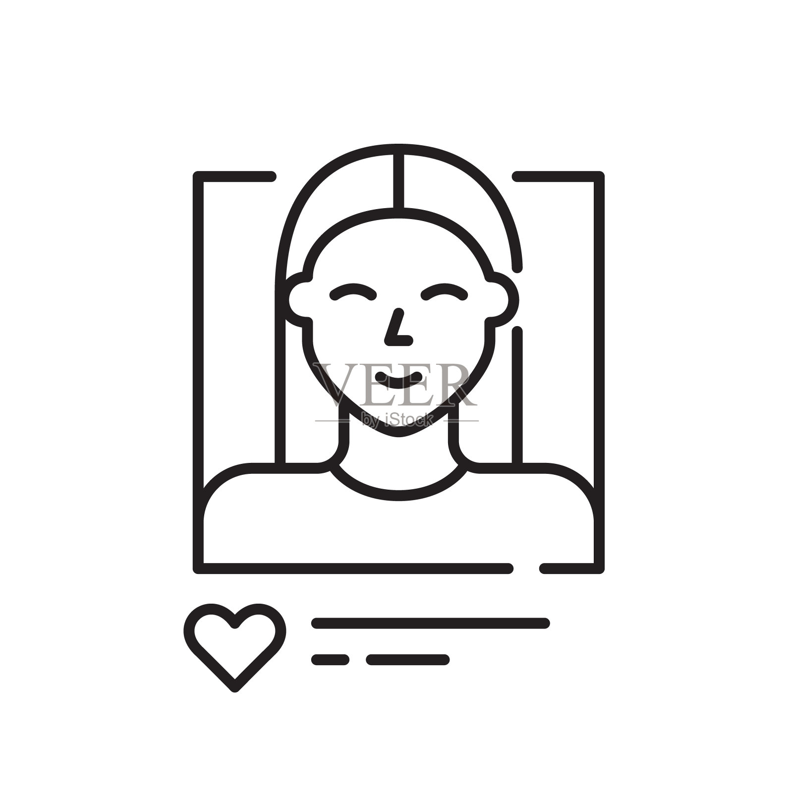 微笑女孩的社交媒体帖子。写博客和分享图片。像素完美矢量图标插画图片素材