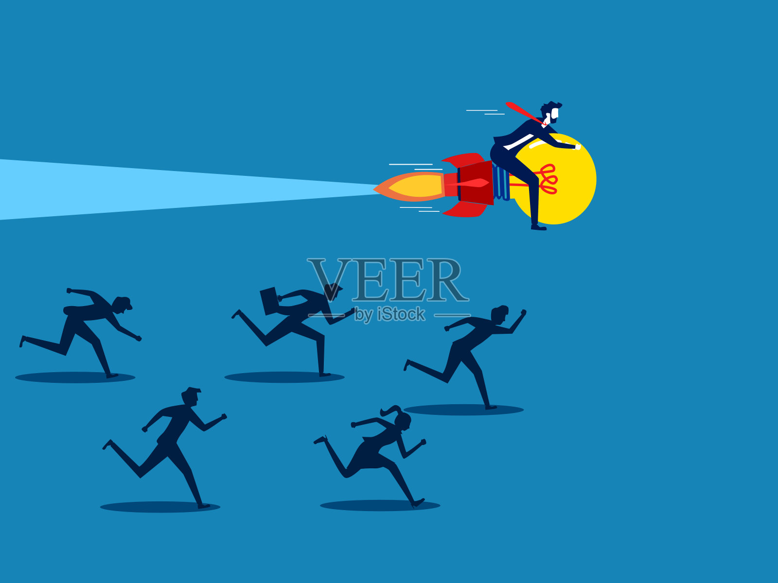 创造性思维的优势。拿着灯泡飞行的商人赢得了商业竞争插画图片素材