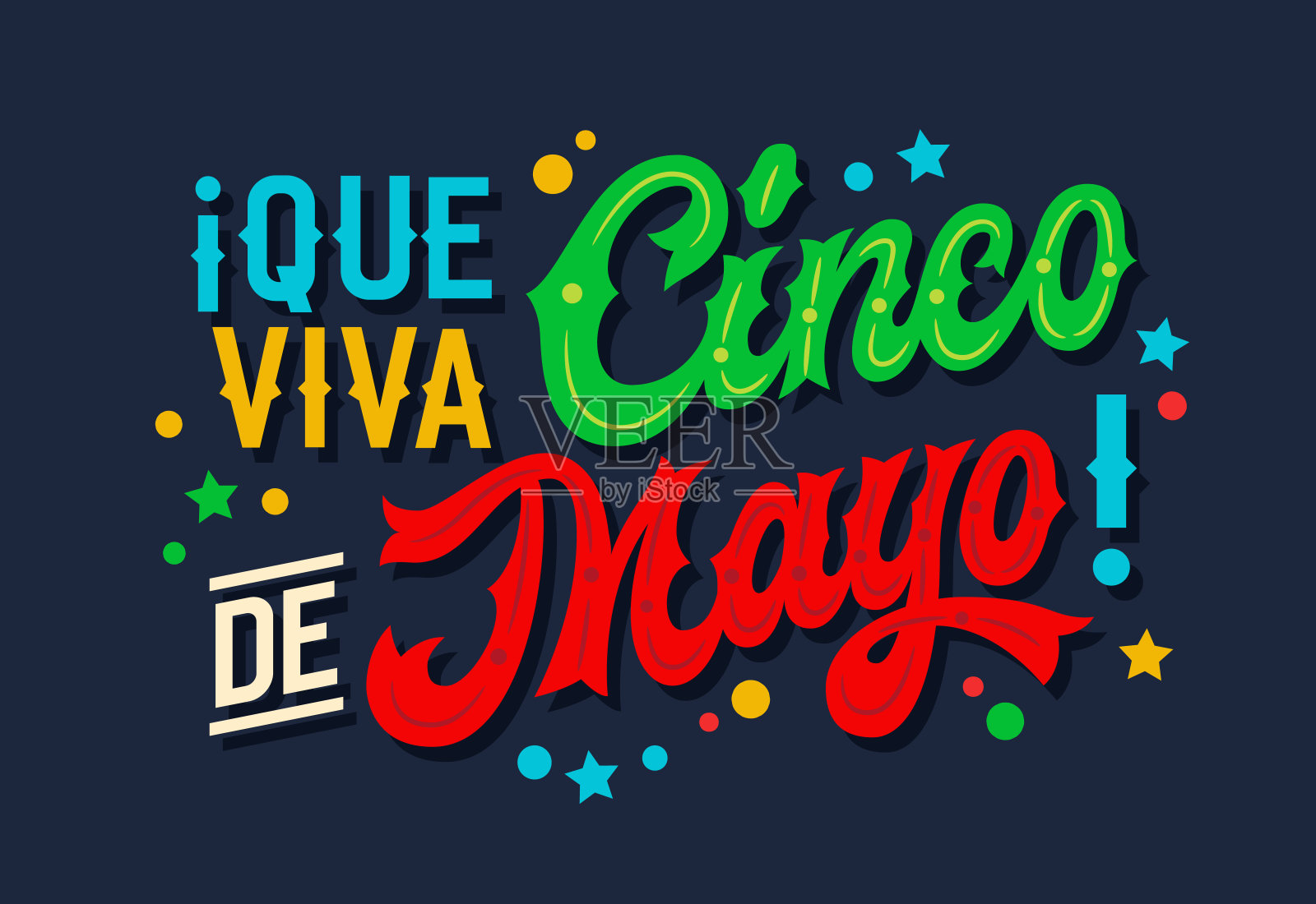 Que Viva Cinco de Mayo，节日脚本字母在墨西哥国旗的颜色与平面五彩纸屑和风格化的烟花。明亮的彩色排版设计印刷品，社交媒体，节日装饰插画图片素材