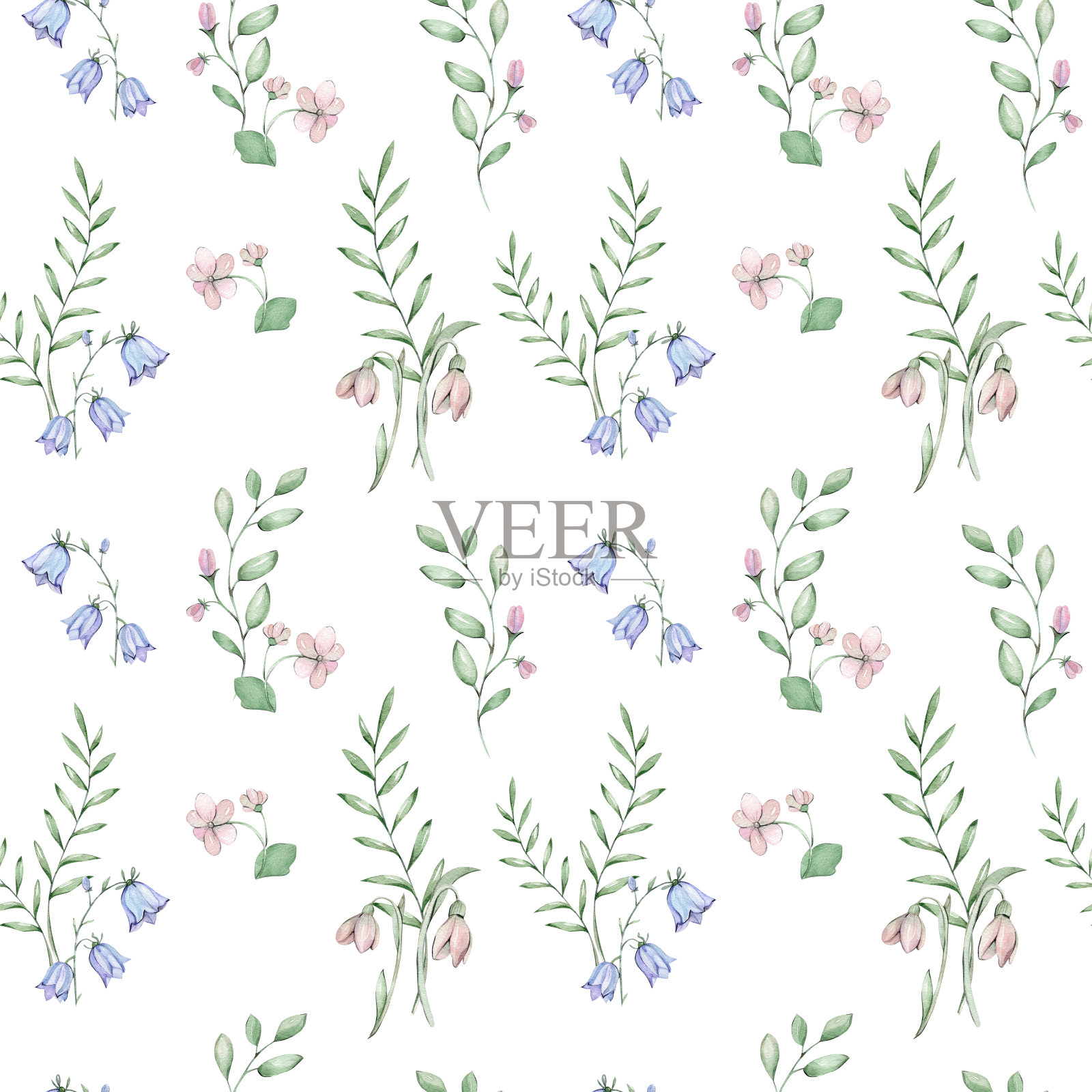 无缝图案与水彩花和叶子插画图片素材