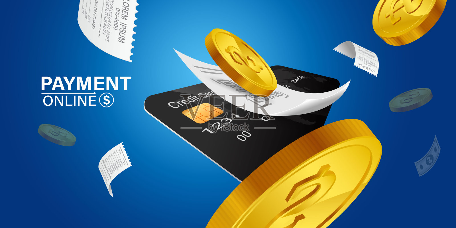 网上支付概念，信用卡和收据在蓝色背景插画图片素材