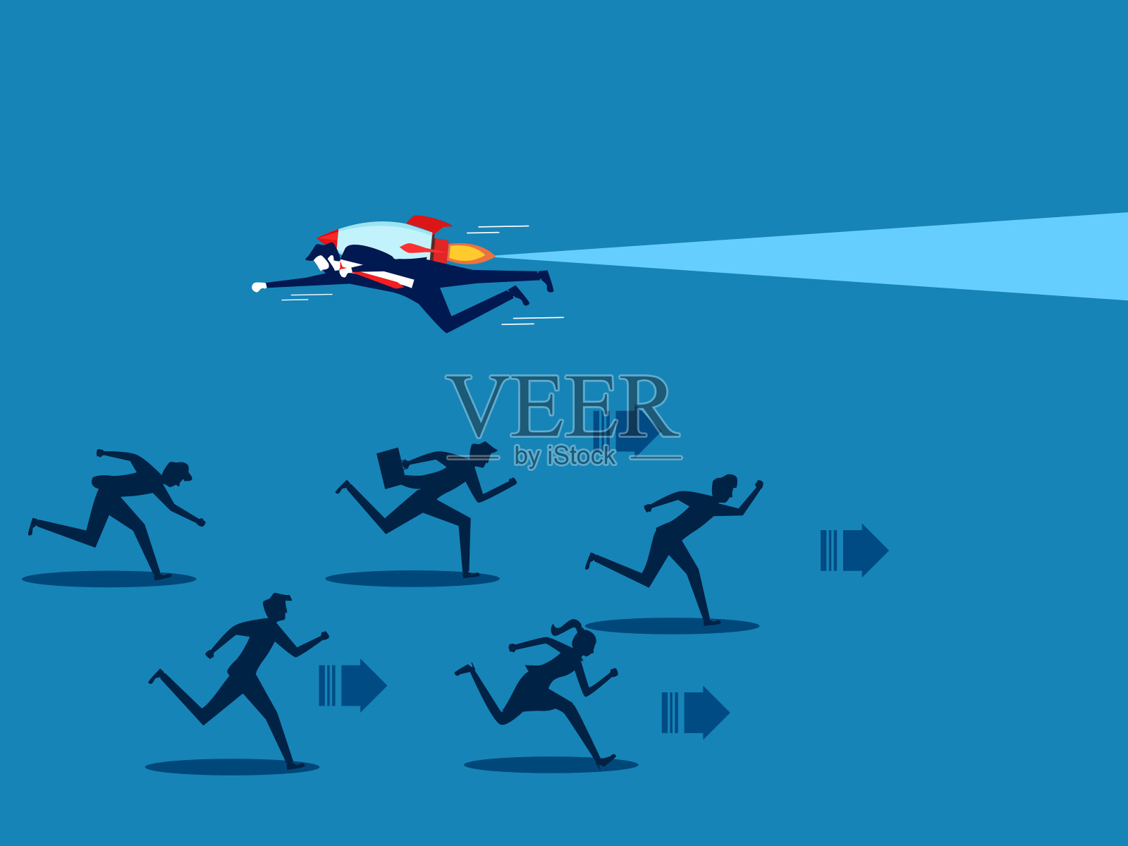 不同。商人乘火箭飞向与其他竞争者不同的方向插画图片素材