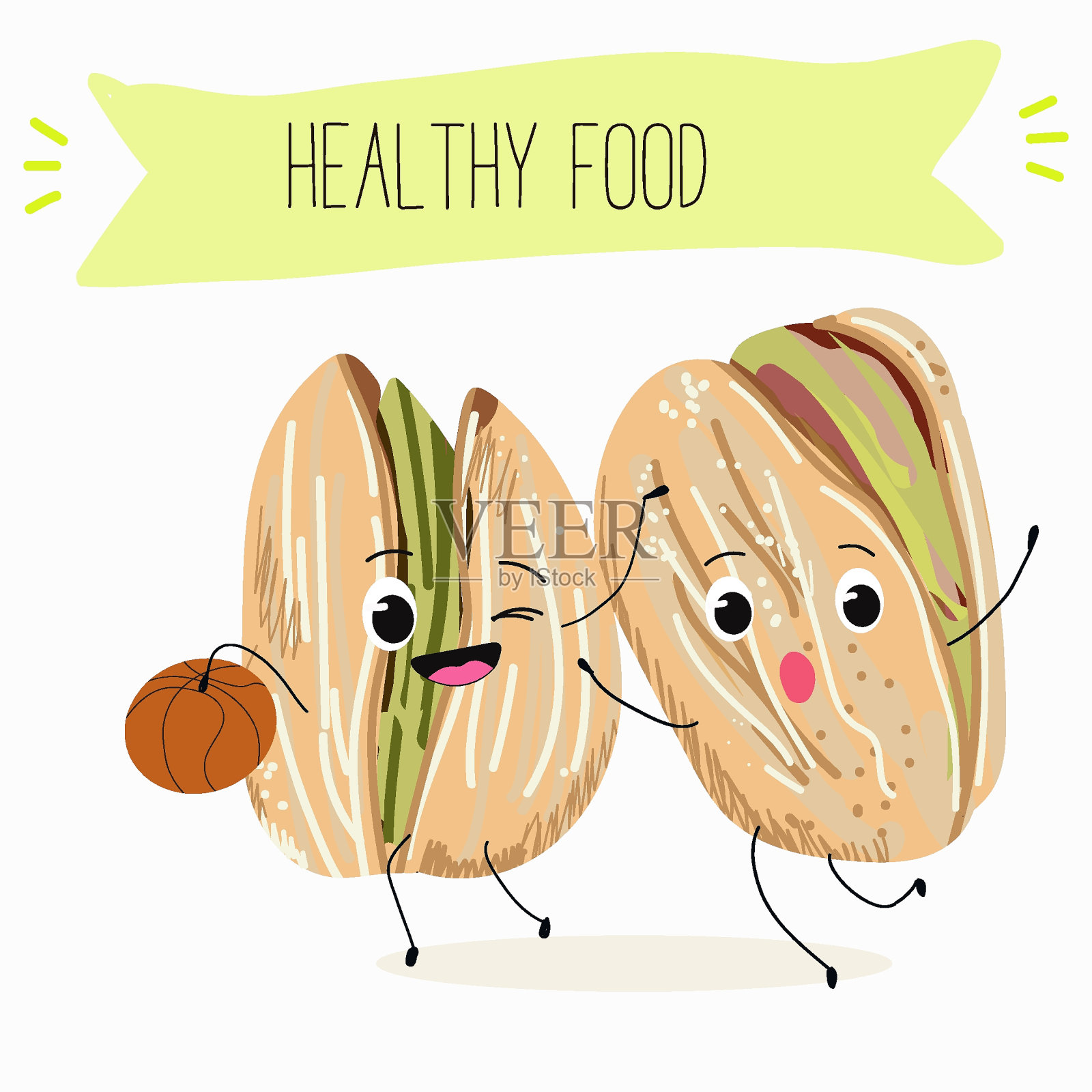 可爱的开心果人物，有趣的坚果，有不同的活动，户外，运动，乐器。有机食品，健康食品，儿童菜单插图。插画图片素材