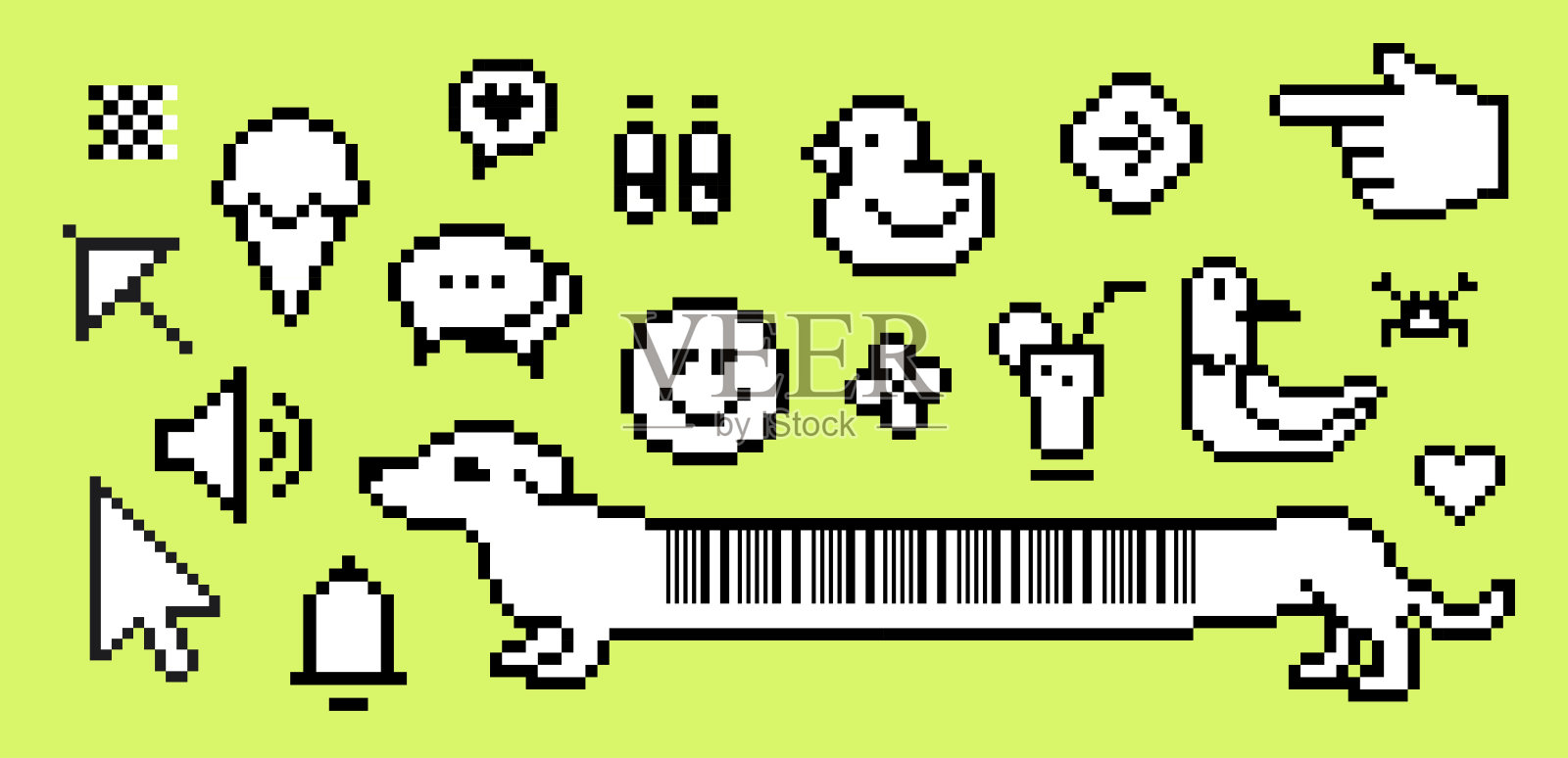 时尚复古贴纸Y2k。像素化的设计。很酷的波普艺术元素。复古的元素。黑色和时髦的排版。电子杂志的审美。矢量形状，复古的氛围。海鸥，狗，鸭子，曲线插画图片素材