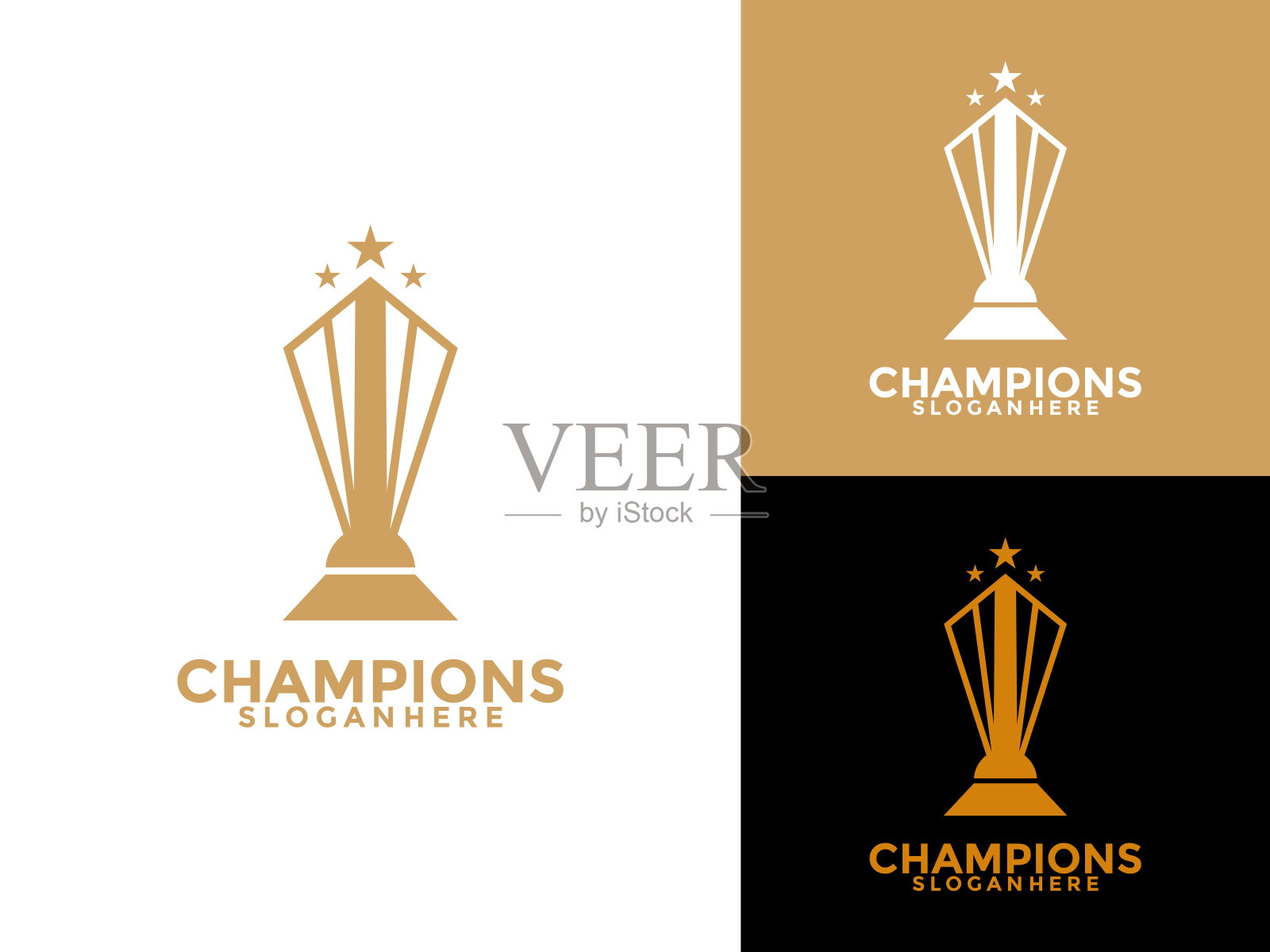 奖杯与开始图标设计模板平面矢量插图，获奖者标志设计模板插画图片素材