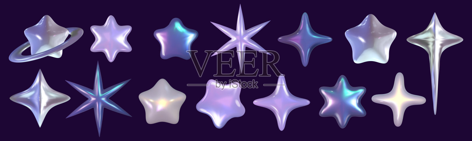 铬3d星套金属元素。银色和紫色全息形状。3d铬矢量未来和90年代的设计插画图片素材