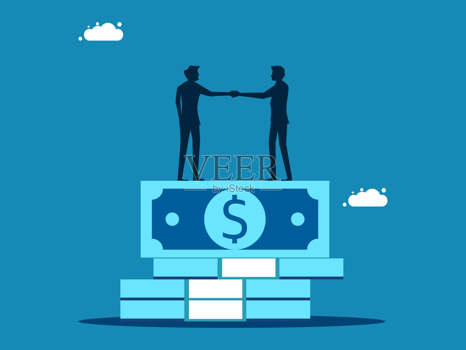 工资谈判。商人们在一叠钞票上手拉手插画图片素材