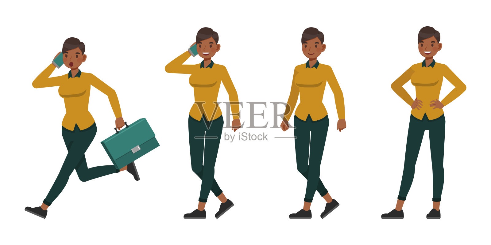 一套职业妇女穿黄色衬衫的颜色特征向量设计。呈现在各种动作中。在孤立的白色背景上从事办公室规划、思考和经济分析的女商人。插画图片素材