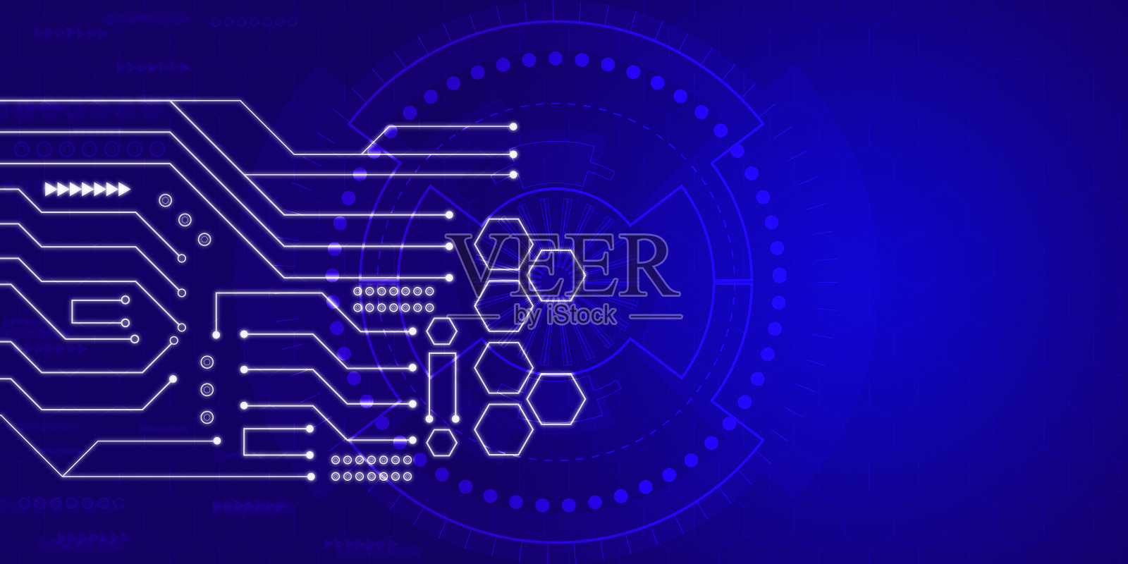技术现代未来背景插图几何形状和电路板电路深蓝色背景与白色虚线和线条。六边形，圆形和点发光插画图片素材