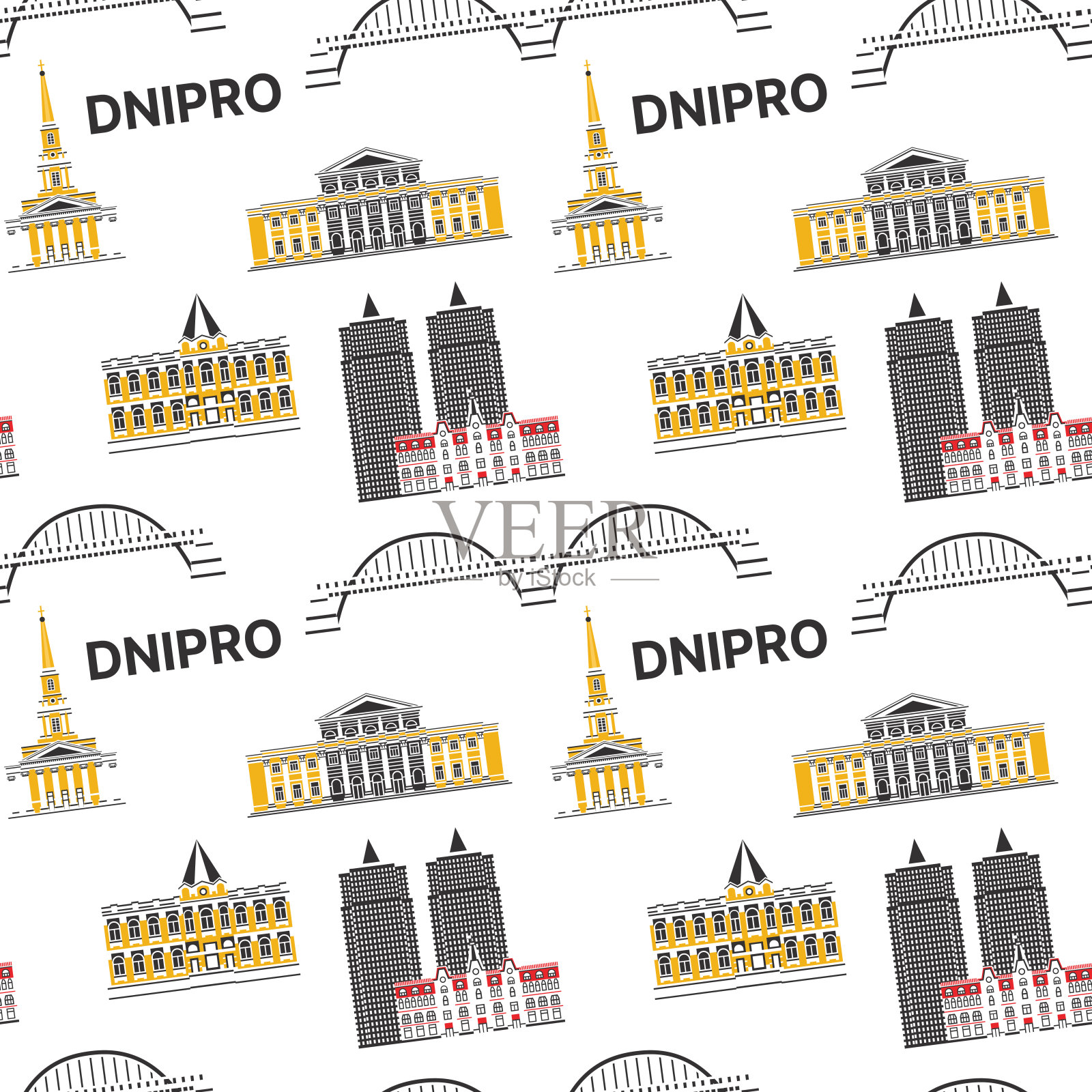 无缝图案与第聂伯罗的地标。第聂伯罗彼得罗夫斯克的建筑。插画图片素材