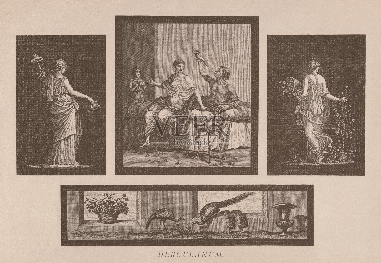 古赫库兰尼姆的古代壁画，活字印刷，1891年出版插画图片素材