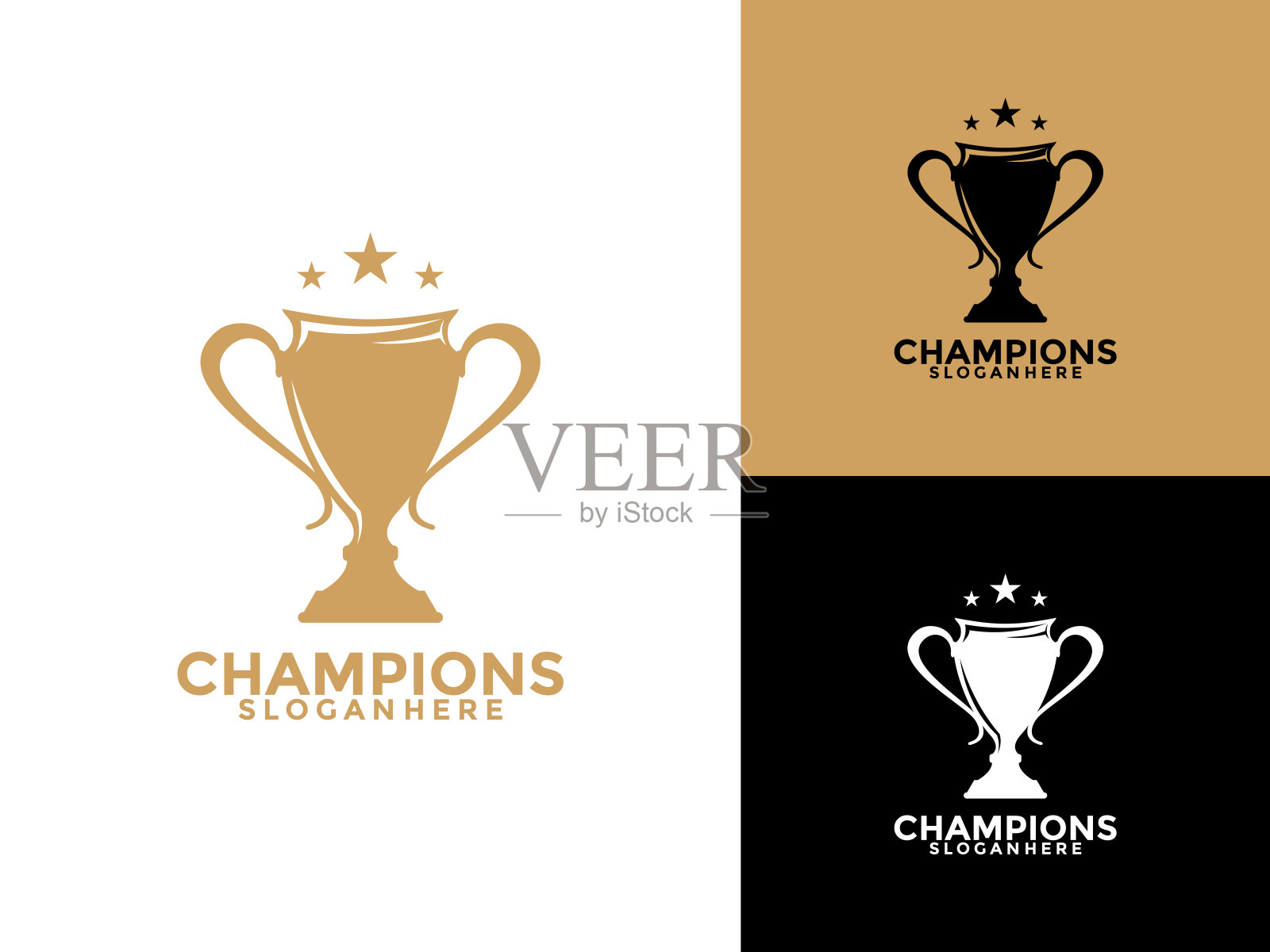 奖杯与开始图标设计模板平面矢量插图，获奖者标志设计模板插画图片素材