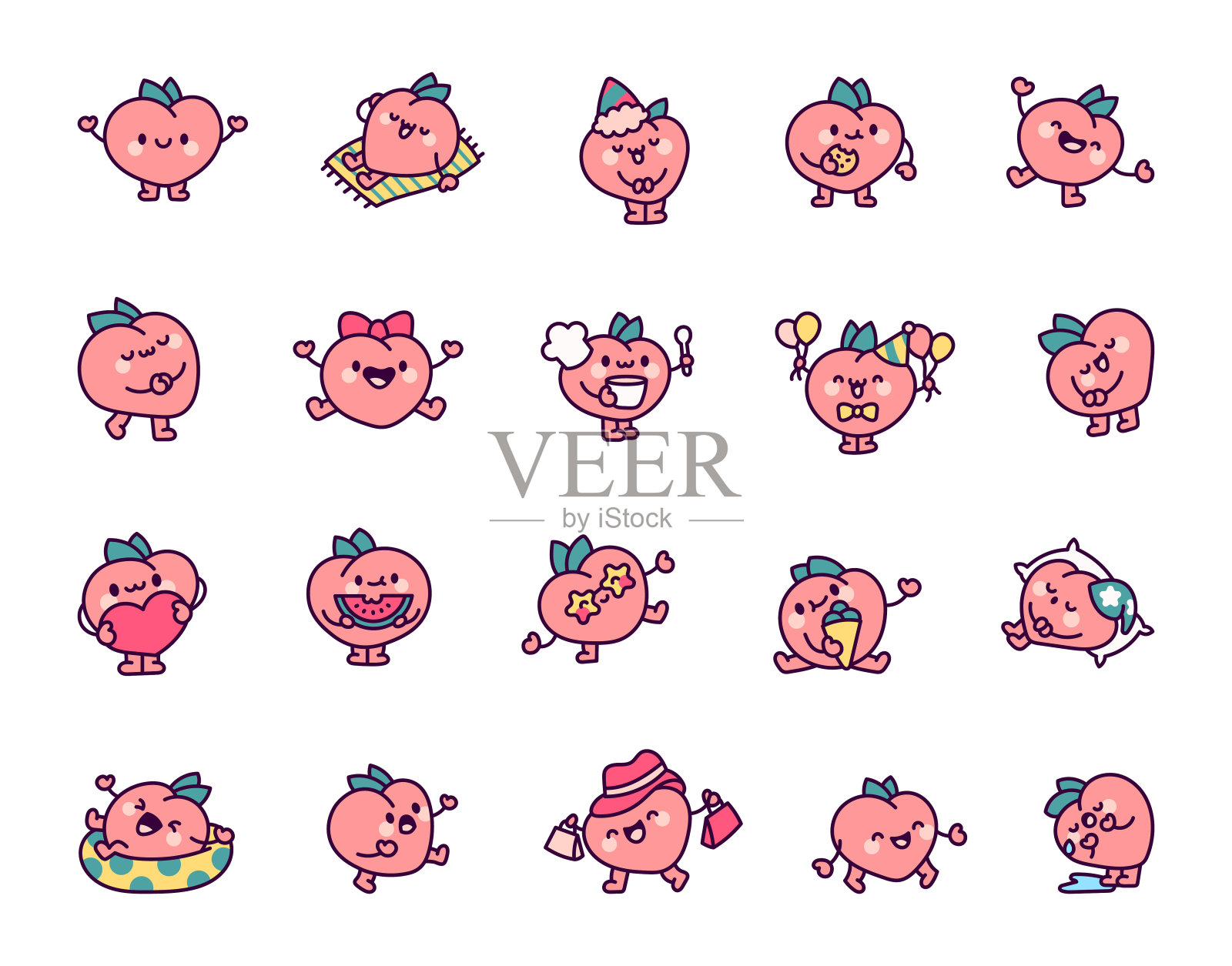 卡通人物桃子。有趣的水果英雄。手绘风格。矢量图。设计元素的集合。插画图片素材