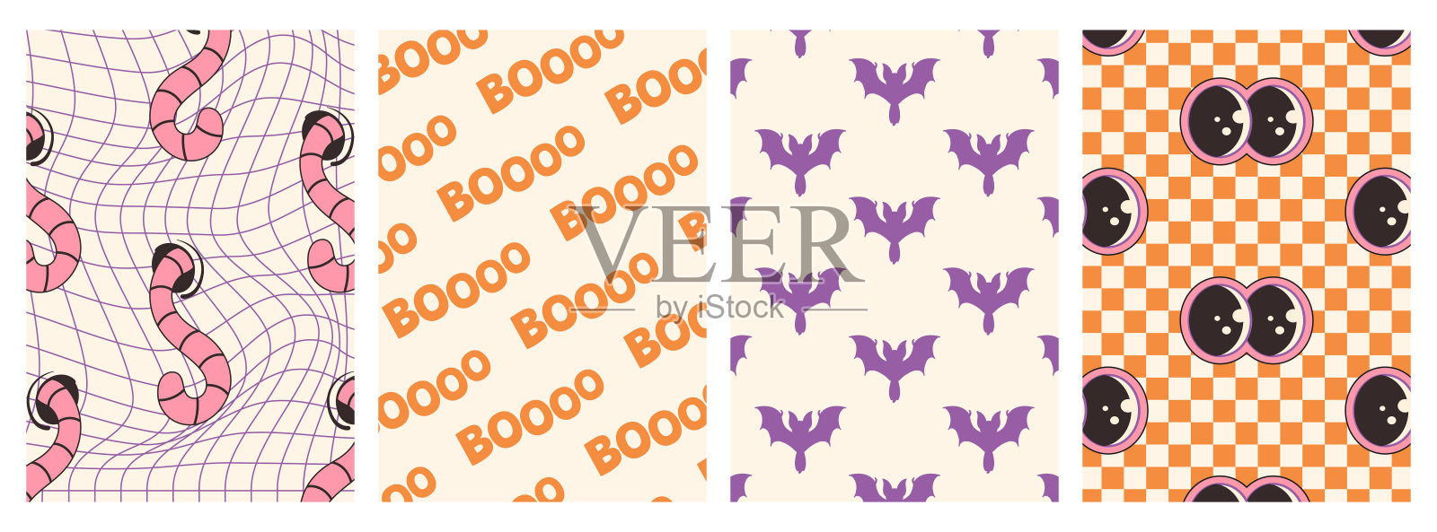现代万圣节的背景有飞行的蝙蝠，“boo”，有蠕虫的浮雕网，和有眼睛的棋盘。万圣节背景设置明信片，社交媒体，故事，海报。向量的横幅插画图片素材
