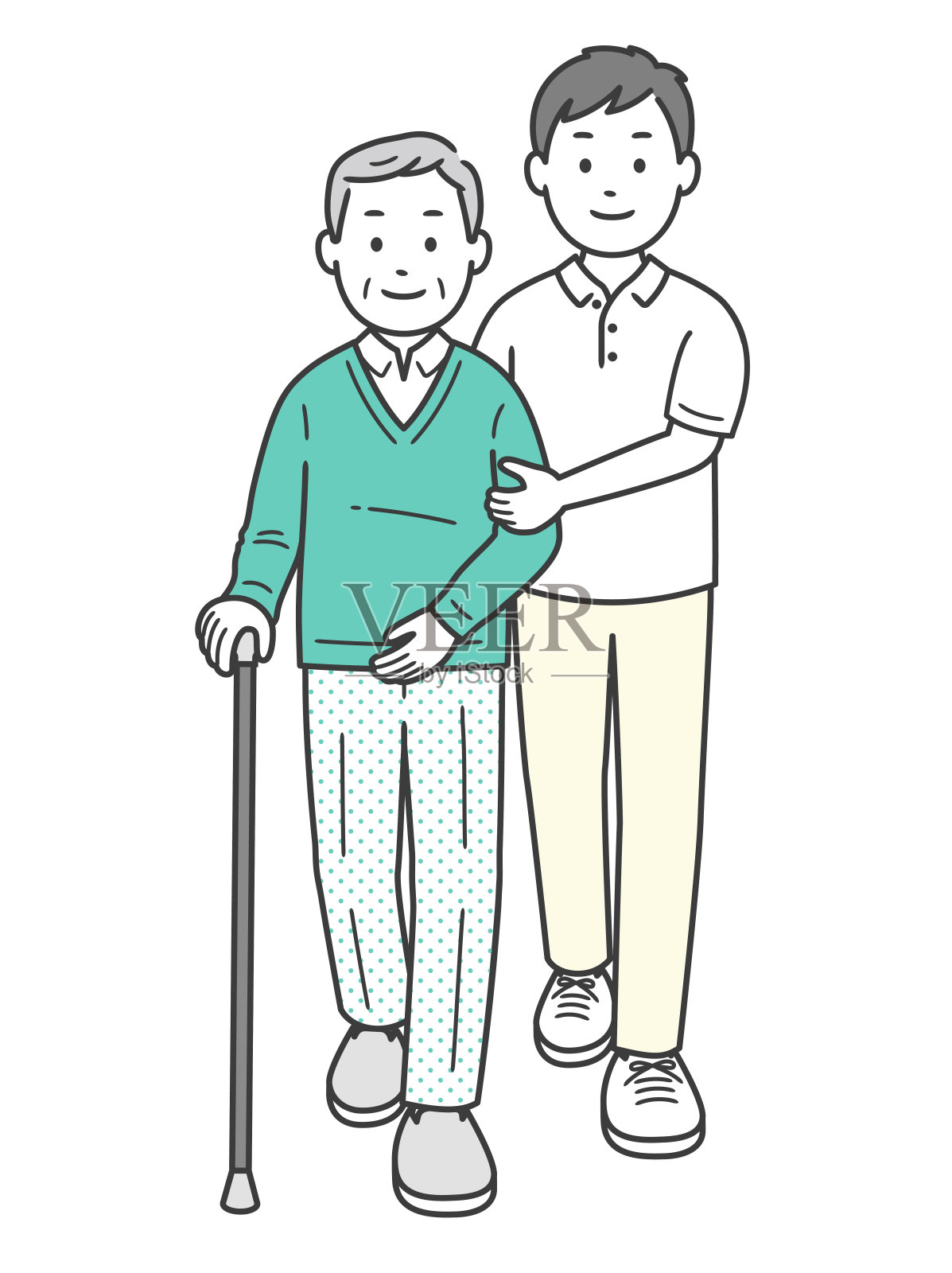 一名男子用拐杖帮助一名老人的全身插图插画图片素材