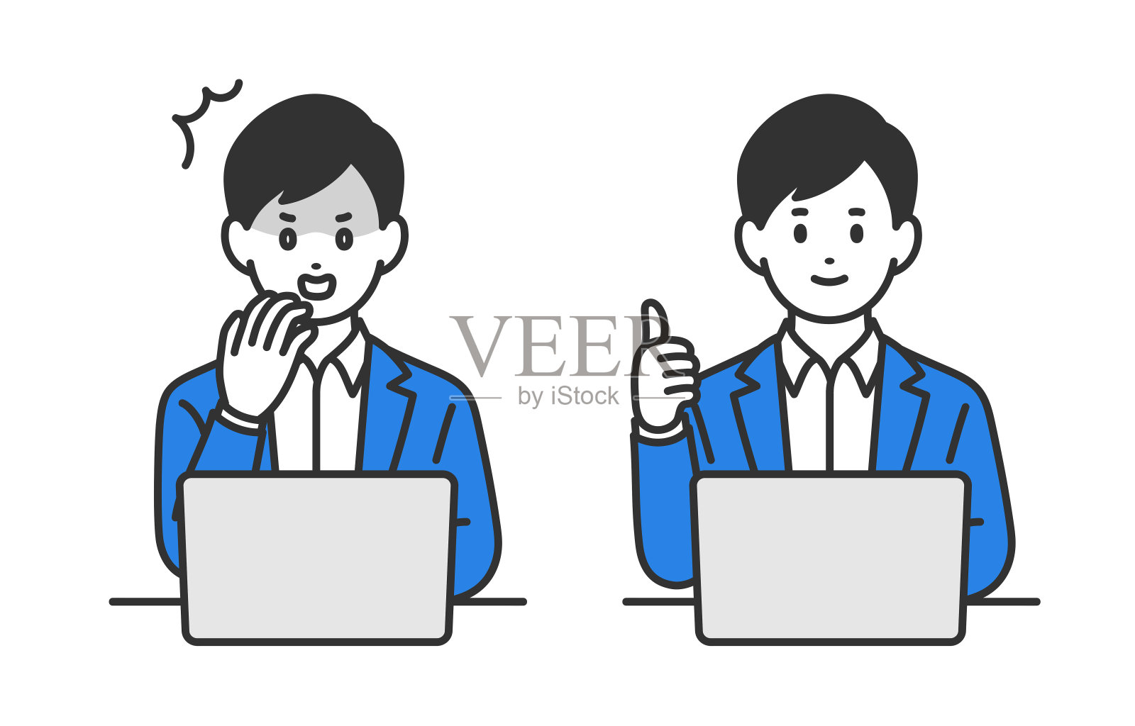 一组商人在震惊的姿势或良好的姿势，而看电脑插画图片素材