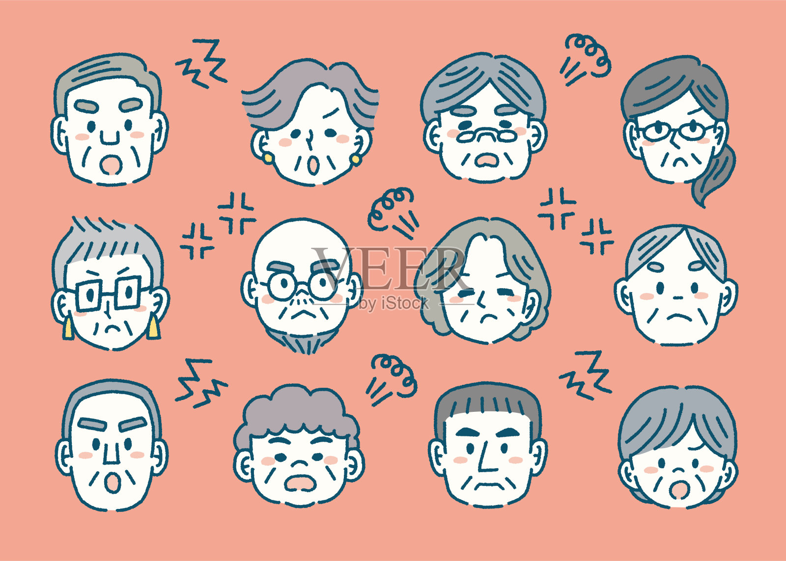愤怒的各种老人面对图标插画图片素材