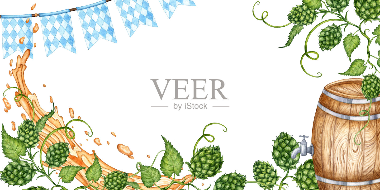 横幅啤酒溅啤酒花水彩插画图片素材