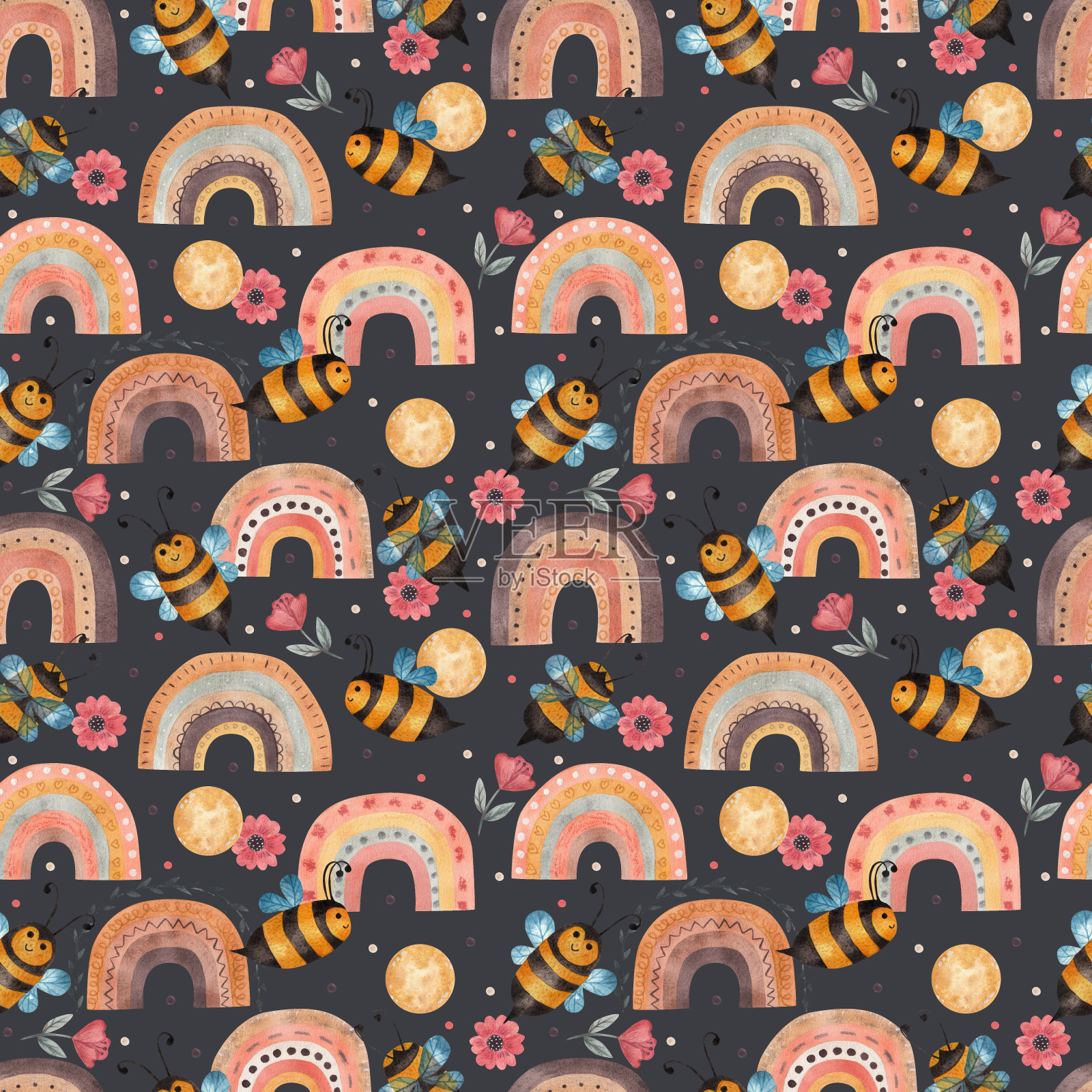 儿童波西米亚风格的无缝图案，有彩虹、蝴蝶、星星。水彩插图插画图片素材