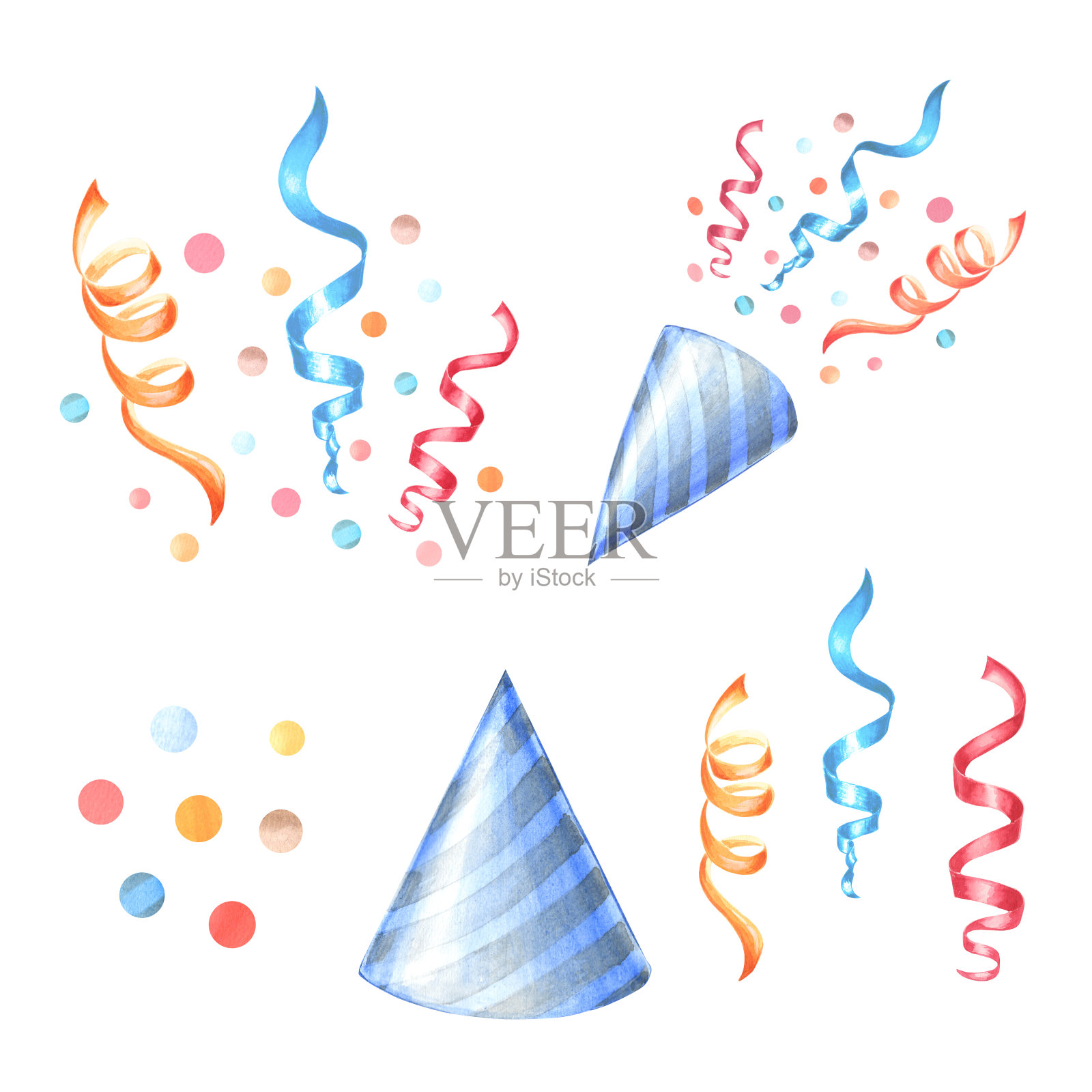 派对帽和带彩带和五彩纸屑的礼花。爆竹和蛇纹石。生日快乐剪贴画集。手绘水彩插图。节日装饰卡片，印刷的孤立模板。插画图片素材