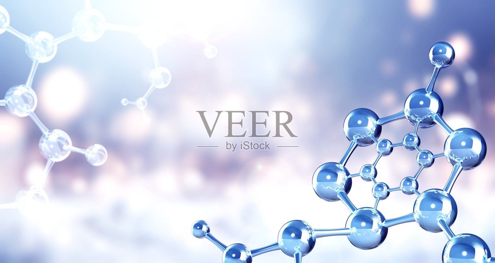 带有抽象分子结构模型的水平横幅。蓝色背景与玻璃原子模型。为你的文本复制空间。三维渲染照片摄影图片