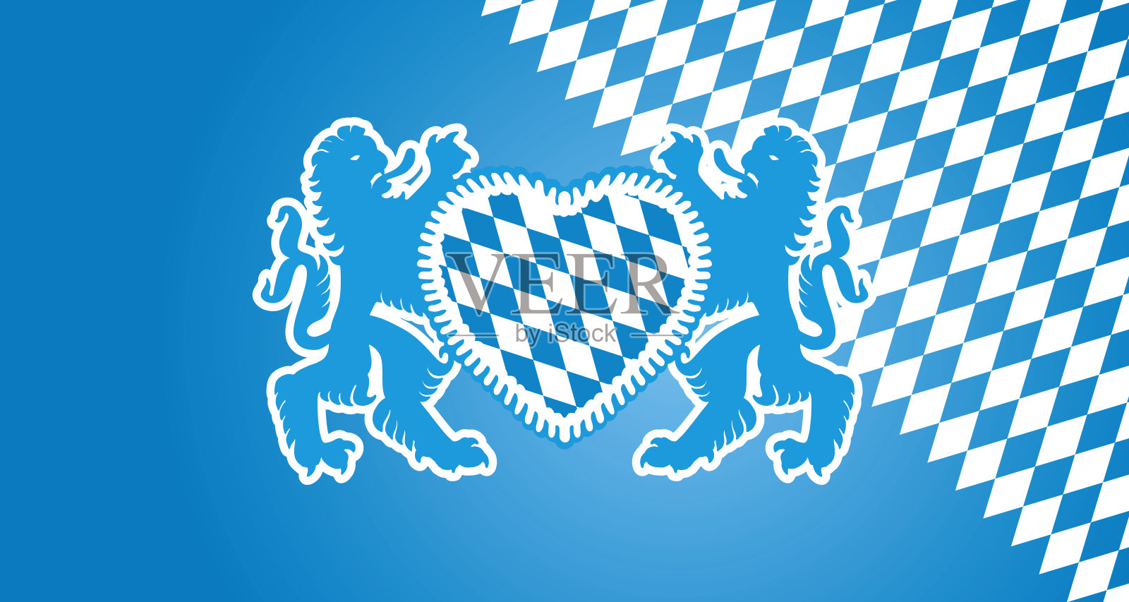 啤酒节巴伐利亚狮子姜饼心饼干标签蓝白旗背景插画图片素材