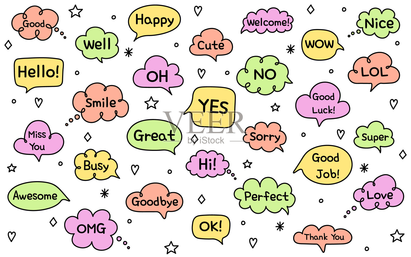 演讲气球套装。卡通风格的语音气泡与手写文本。矢量图插画图片素材