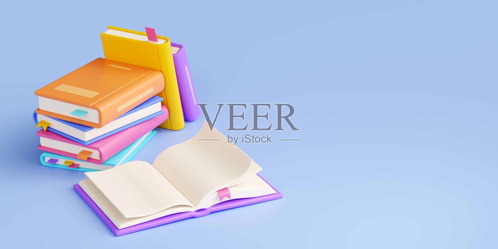 叠合和打开的书与明亮的精装和书签上的蓝色横幅。卡通3d插图照片摄影图片