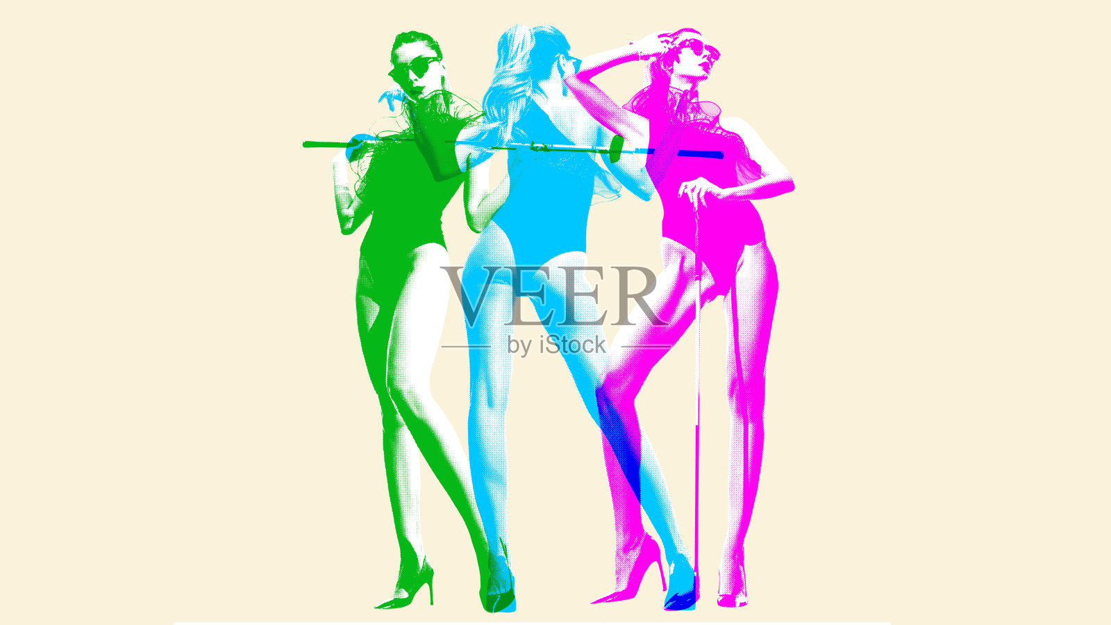 优雅的年轻女子全身穿着高跟鞋，拿着高尔夫球杆，背景是浅色的。当代艺术拼贴。照片摄影图片