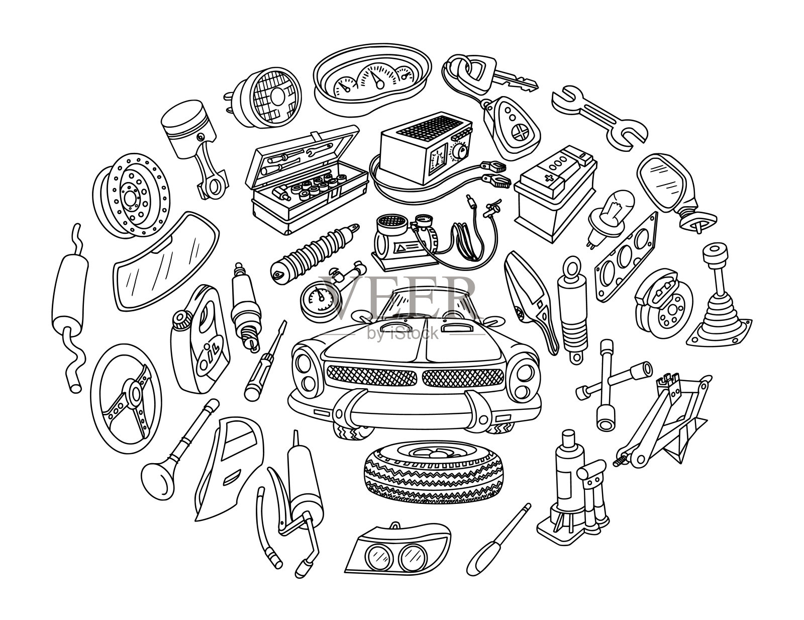 涂鸦的汽车零件，黑色和白色矢量插图插画图片素材