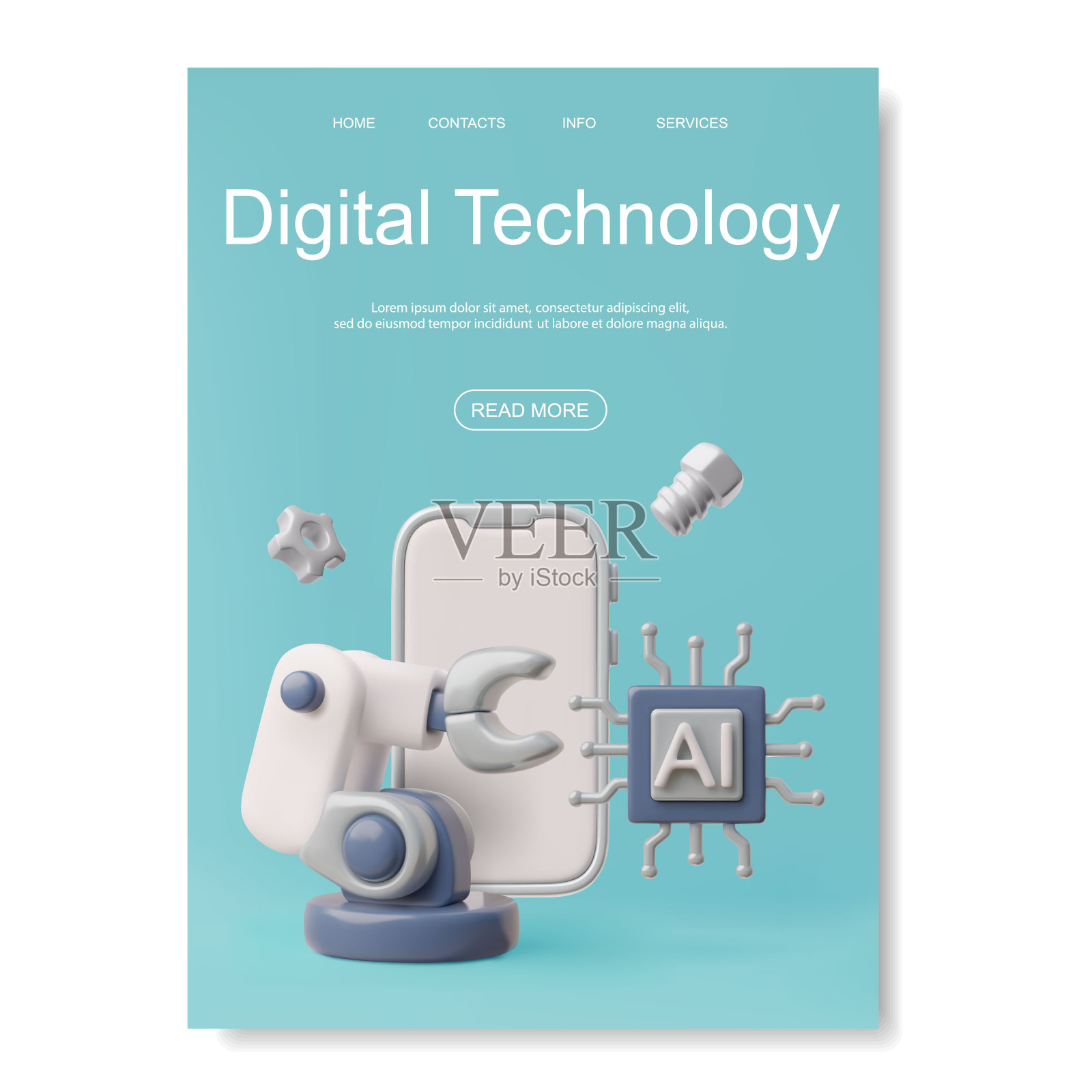 数字技术横幅模板与3D聊天机器人图标矢量插图插画图片素材