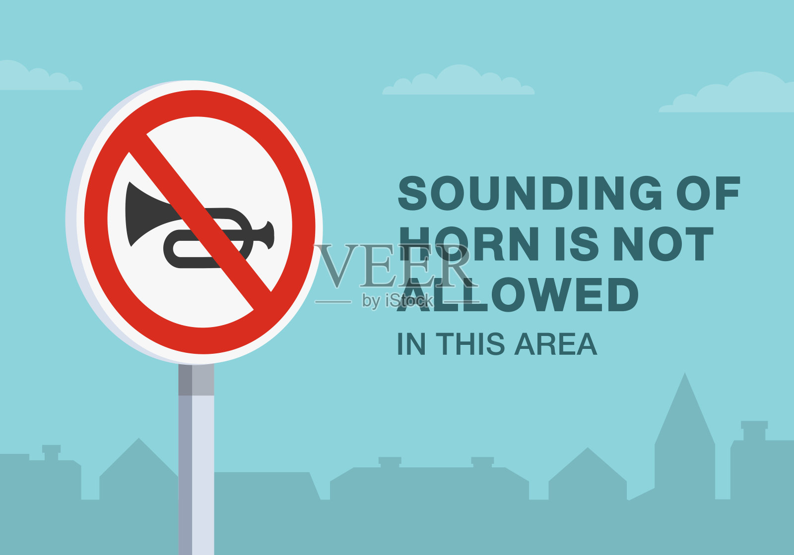 安全驾驶技巧及交通规则。欧洲“禁止鸣笛”路标特写。本区域禁止鸣笛。矢量插图模板。插画图片素材