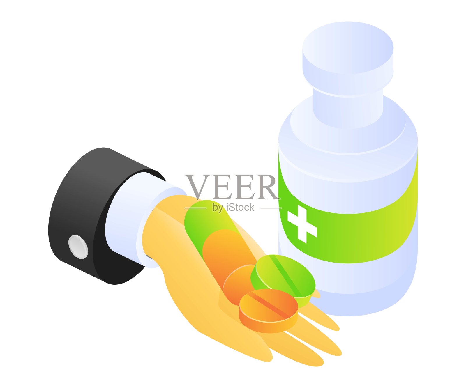 手持药片和胶囊等距式插画图片素材