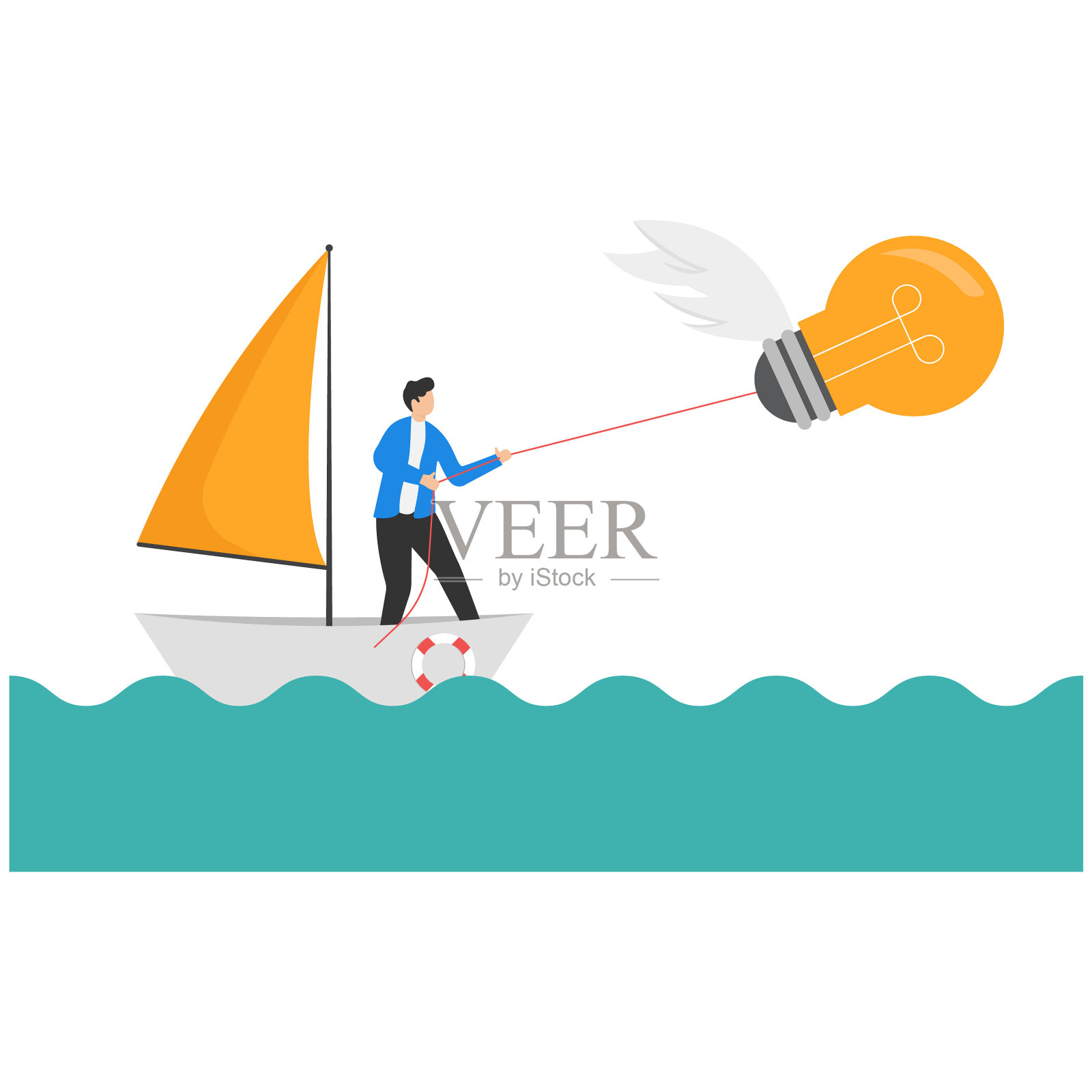 纸船上有灯泡的商人插画图片素材