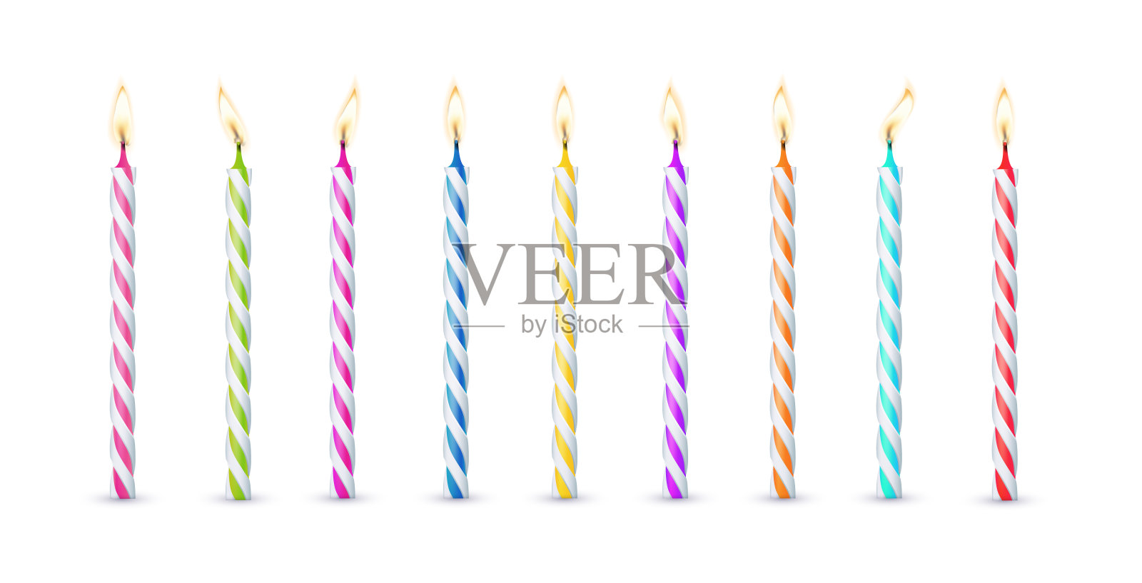 3d逼真的彩色蜡烛的生日蛋糕。节日蜡烛与燃烧的火焰蜡烛芯，庆祝对象。向量插画图片素材
