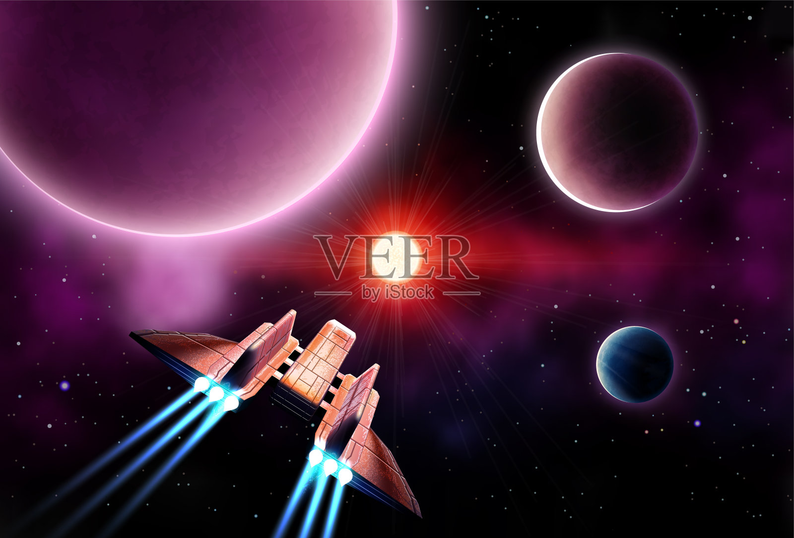 宇宙飞船穿越宇宙，充满活力的矢量空间插图插画图片素材