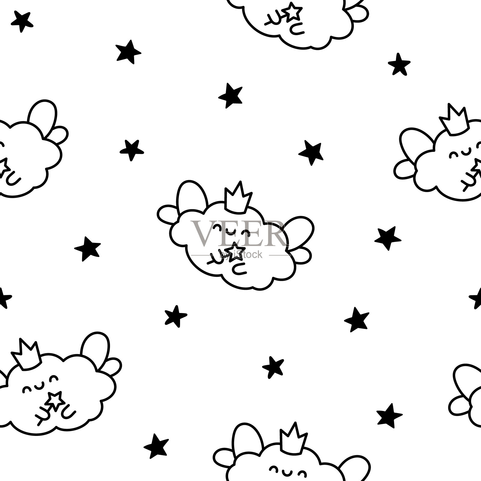 可爱和卡哇伊云。无缝模式。着色页面。卡通天气人物。手绘风格。矢量图。设计的饰品。插画图片素材