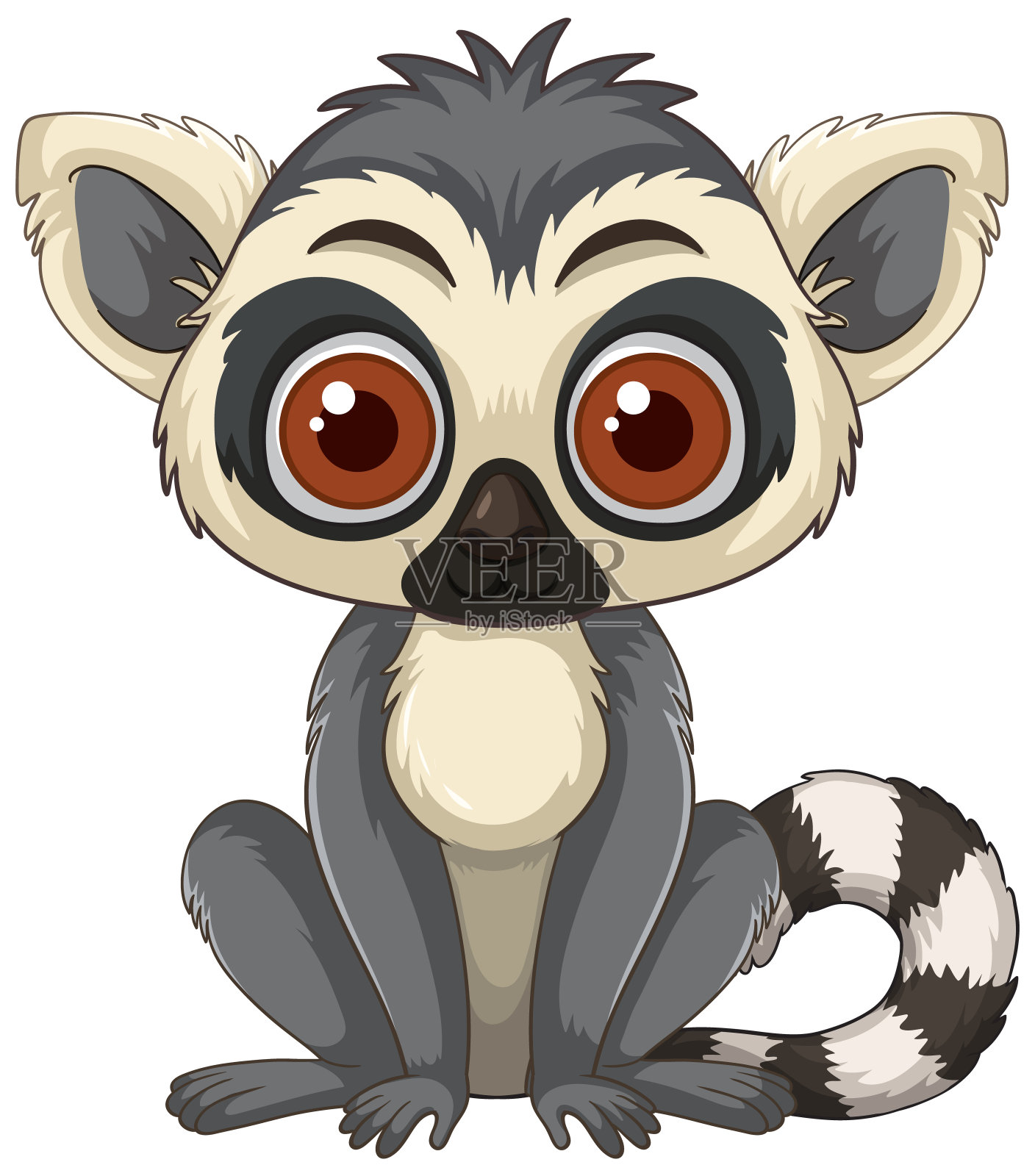 可爱的大眼睛和条纹尾巴狐猴插画图片素材