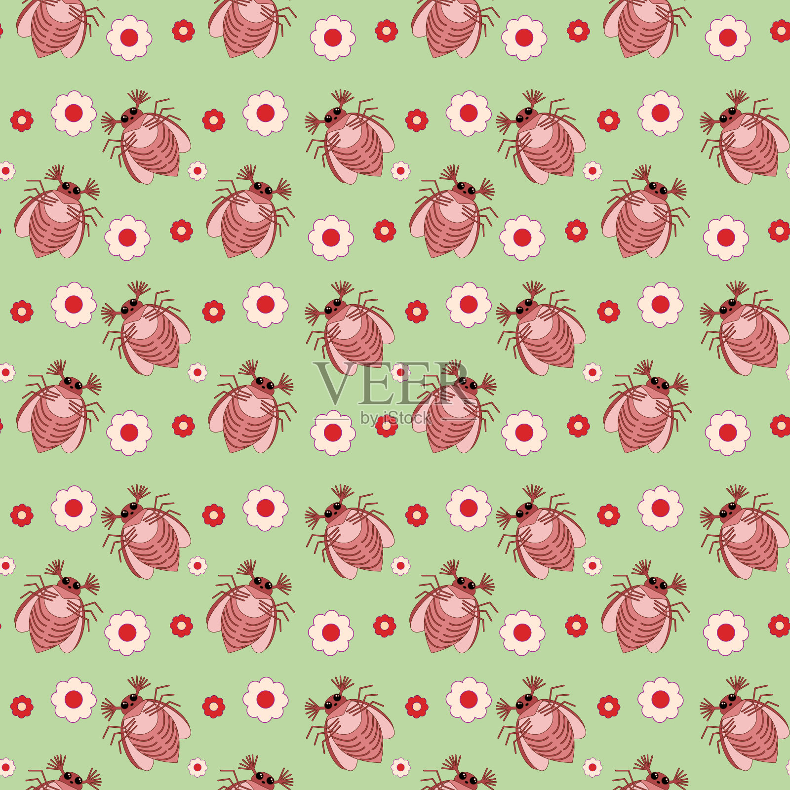 无缝模式的可能的虫子，鸡毛和花在一个绿色的背景。矢量图插画图片素材
