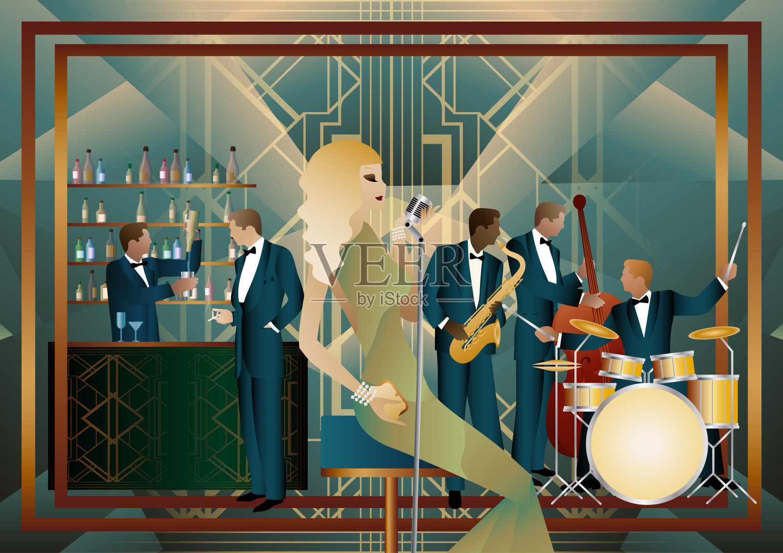 餐厅里的爵士音乐家和歌手插画图片素材
