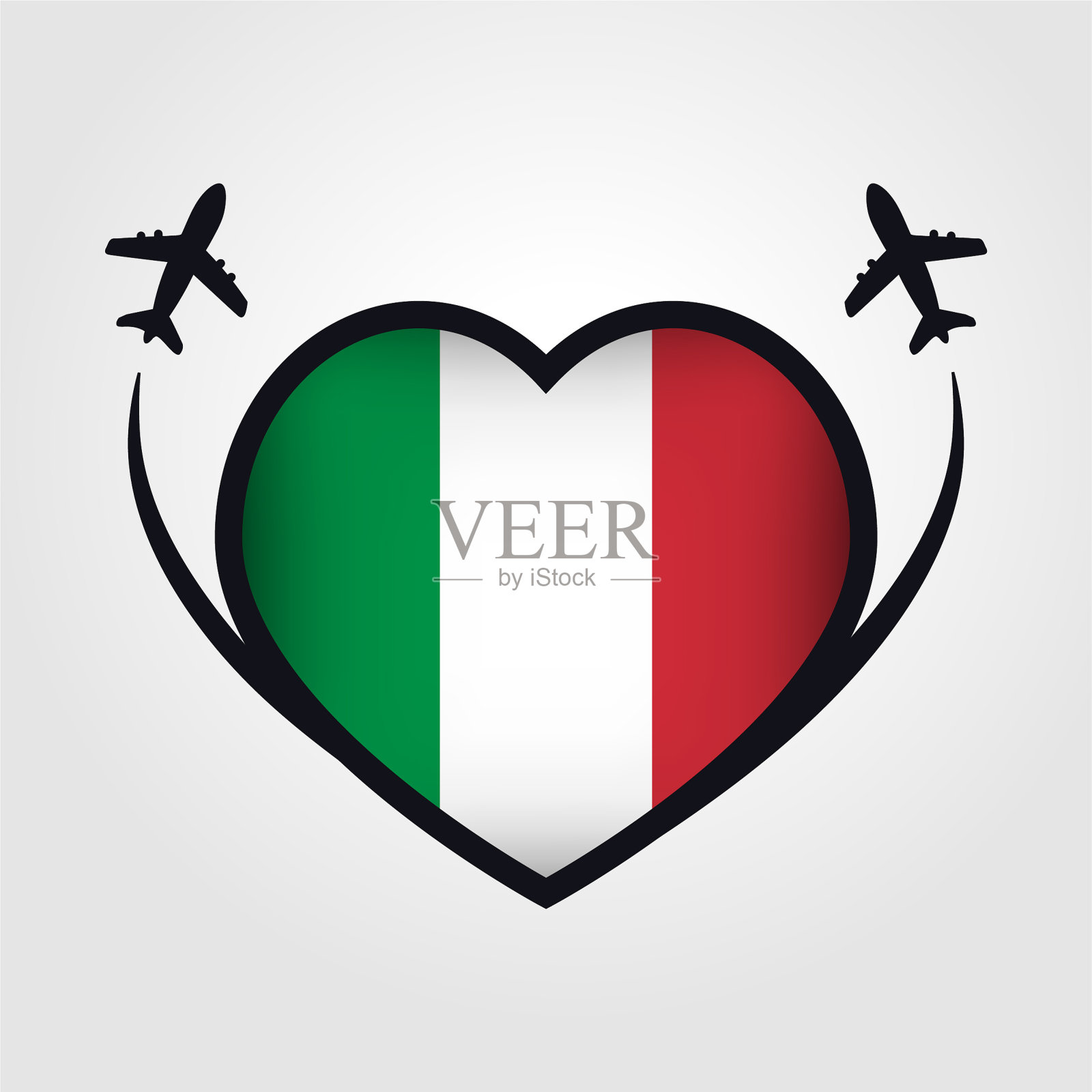 意大利旅行心旗与飞机图标插画图片素材