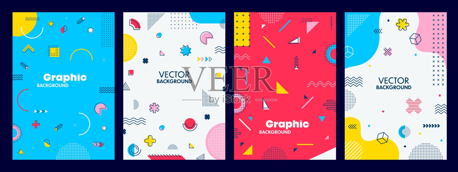 现代抽象海报与几何新潮的形状元素图案，矢量背景。新潮的波普艺术风格或潮人的极简线条和简单的颜色海报在几何极简主义图形人物插画图片素材