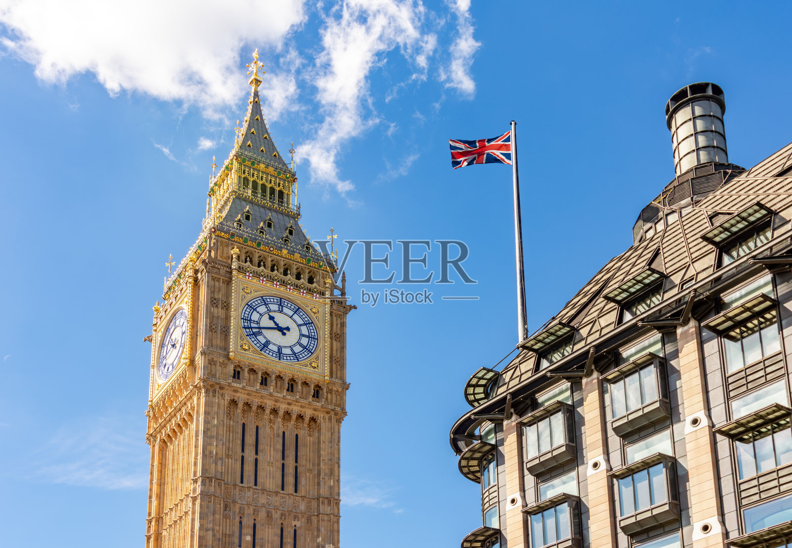 英国伦敦的大本钟和保得利大厦照片摄影图片