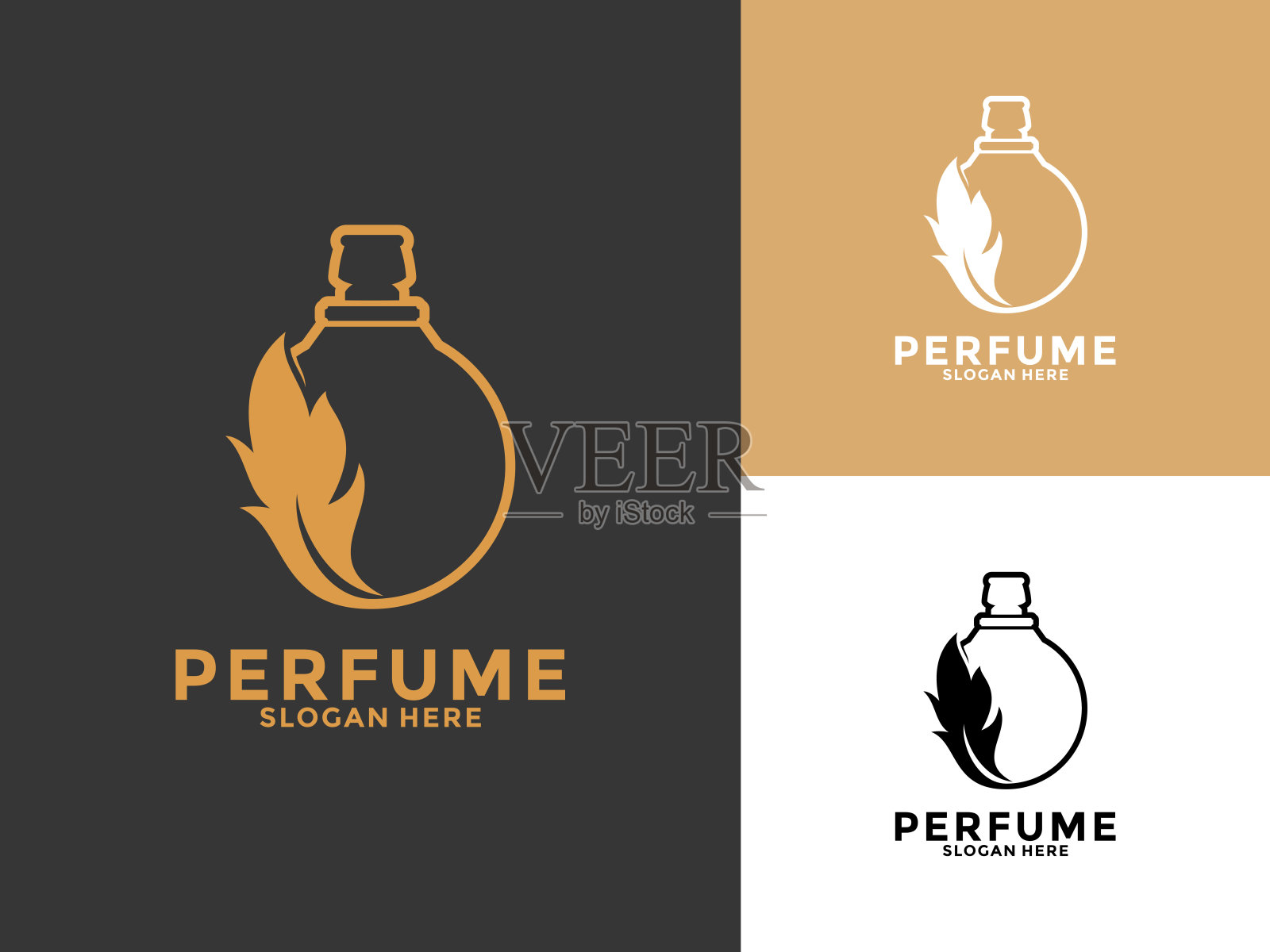 金色自然香水瓶设计，有机香水矢量模板插画图片素材